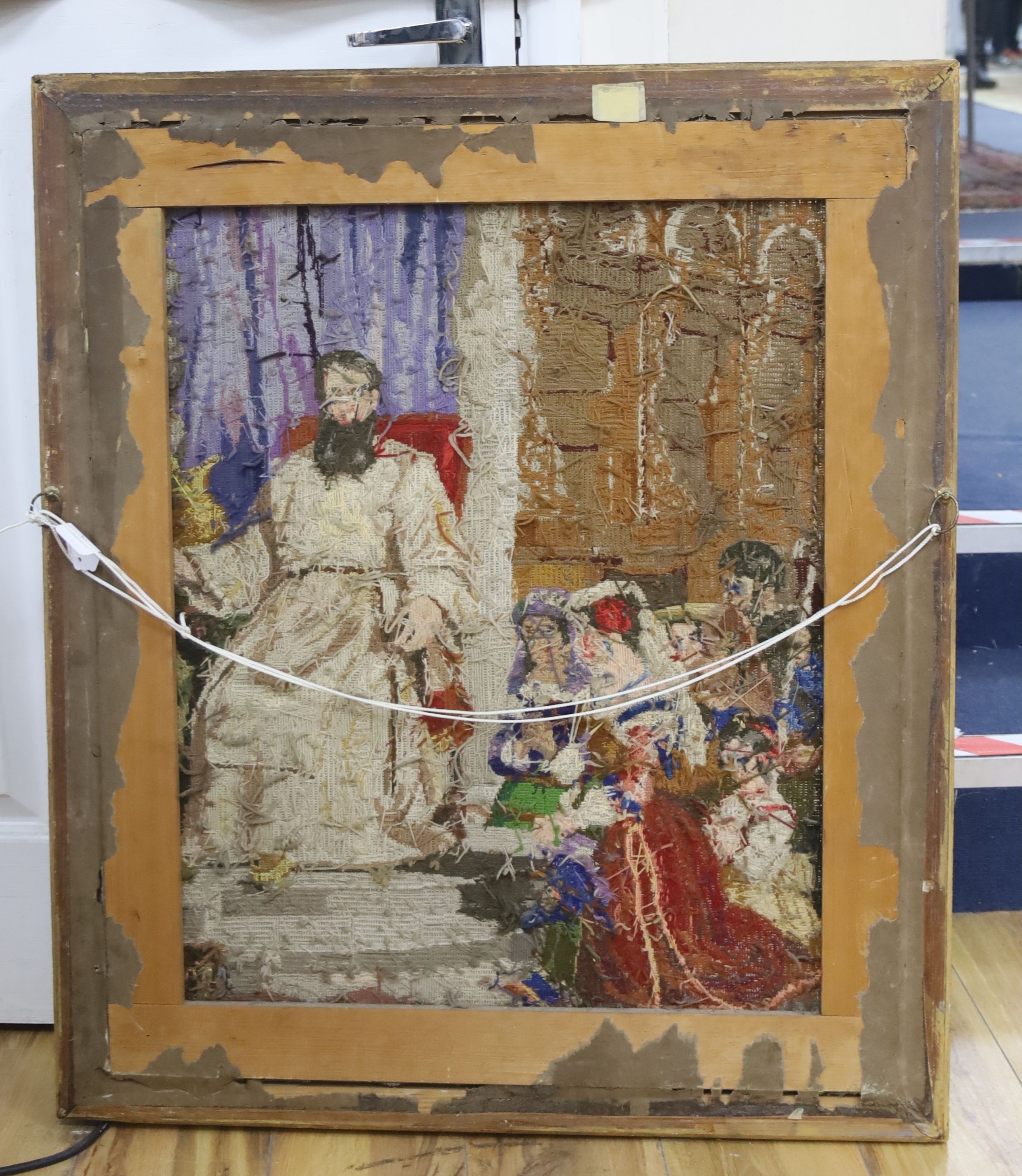 Framed Berlin wool worked figurative panel, 63 cms wide x 77 cms high.